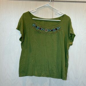 Vintage White Stag Green Short Sleeve Top with Beaded Yoke